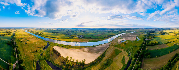 From the vantage point of a drone, a panoramic photo of the Warta River near Gorzów Wlkp - obrazy, fototapety, plakaty
