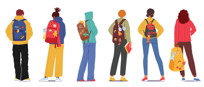 Group of Young People With Backpacks Stand In Row Rear View. Teens Boys And Girls Wear Trendy Clothes Of Bright Colors