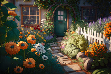 Fototapeta na wymiar A cozy cottage garden bursting with an abundance of vegetables and herbs - illustration - Generative AI