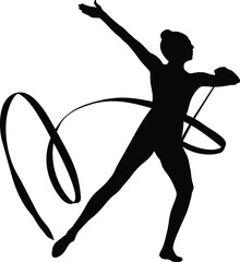 girl gymnast ribbon exercise in rhythmic gymnastics, black silhouette on white background, vector illustration