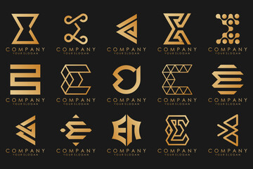 collection logos golden luxury with letters E. Geometrical abstract logos.