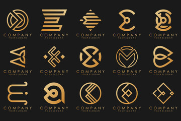 collection logos golden luxury with letters E. Geometrical abstract logos.
