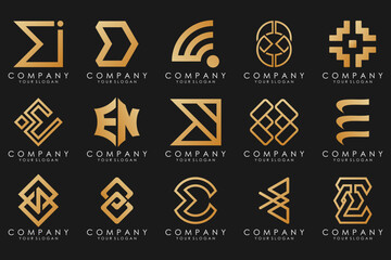 collection logos golden luxury with letters E. Geometrical abstract logos.