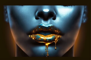 Closeup golden liquid painting on woman sexy lips. Concept in abstract art of beauty woman makeup. Gold liquid dripping on blue makeup face. Finest generative AI. - obrazy, fototapety, plakaty