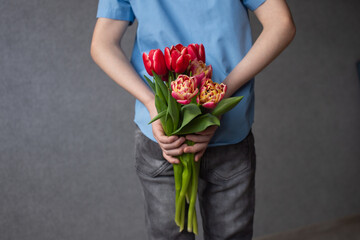 In the hands of a child are colorful red tulips. Boy hiding flowers behind his back