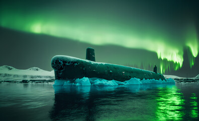 Nuclear Diesel Electric Submarine in waters of Arctic, aurora light. Generation AI