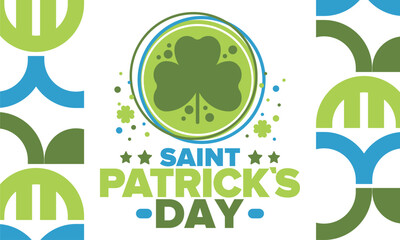 Happy Saint Patricks Day. Traditional irish holiday. Celebrate annual in March 17. Clover and shamrock leaves. Green and orange party design. Ireland color. Poster, card, banner and background. Vector