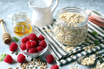 Hralthy ingredient for breakfast. Top view.