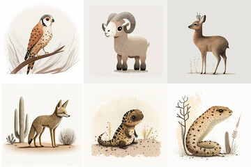 A set of six cute animals, mammals, birds, reptiles, from the area of Arizona, USA in watercolor, illustration made with Generative AI