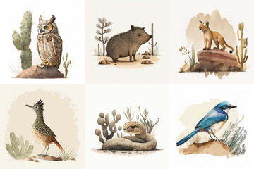 A set of six cute animals, mammals, birds, reptiles, from the area of Arizona, USA in watercolor, illustration made with Generative AI