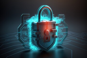 Cyber security, data protection, cyberattacks concept on blue background. Database security software development. Online security concept. AI