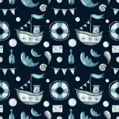 Seamless pattern with a ship, flags and a lifebuoy on a dark blue background. Watercolor illustration. Wallpaper. Print on fabric and paper. Sea and ocean. Water. Marine life. Art. Design. Fish.