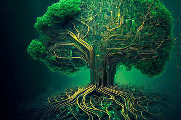 Electronic circuit board arranged like a tree. Shows how to draw inspiration from nature to find technological innovations. Generative AI
