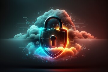 Cyber security, data protection, cyberattacks concept on blue background. Database security software development. Online security concept. AI