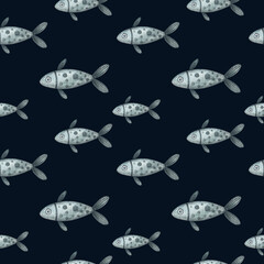 Seamless pattern with fish on a dark blue background. Watercolor illustration. Wallpaper. Print on fabric and paper. Sea and ocean. Water. Marine life. Art. Design.