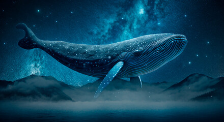 Blue whale on the background of the night starry sky. Generative AI technology.
