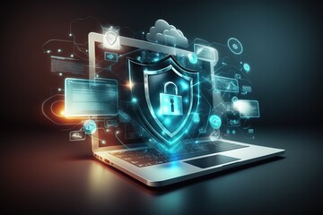 Cyber security, data protection, cyberattacks concept on blue background. Database security software development. Online security concept. Laptop protected with shield. AI