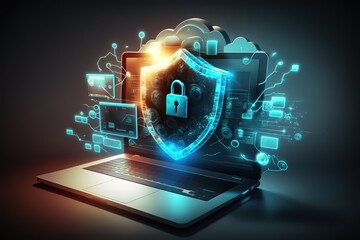 Cyber security, data protection, cyberattacks concept on blue background. Database security software development. Online security concept. Laptop protected with shield. AI