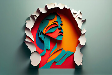 Women's Day poster with woman silhouette and fists inside in paper cut and copy space