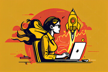 Woman working on startup vector illustration. Lady using laptop for work idea flat style. Rocket as symbol