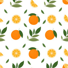 Seamless pattern with oranges and leaves on a white background.