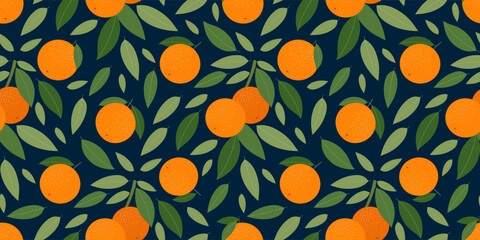 Seamless pattern with orange fruits and leaves. Vector illustration.