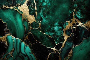 Dark green and gold marble background. Luxury marble stone texture. Invitation backdrop. Ai generated.