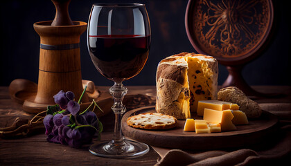 Glass of red wine with cheese and bread generated by AI