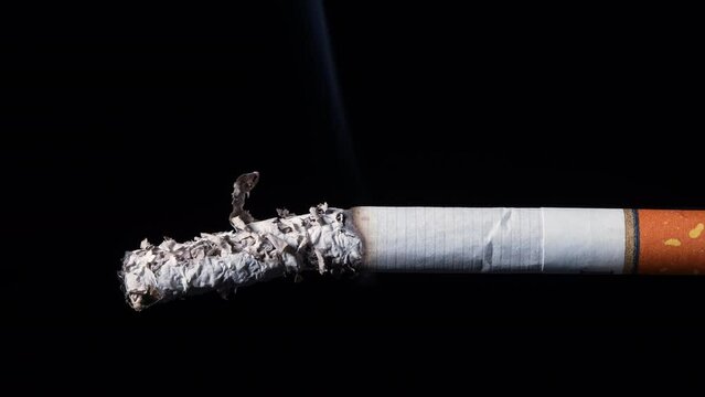 A cigarette smolders on a black background. Close-up