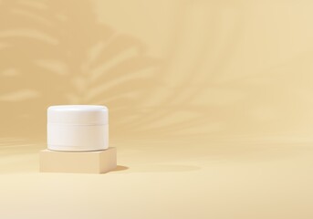 3d render of jars for cosmetics on a light yellow background with a shadow from the leaves