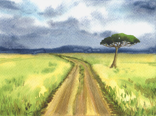 Watercolor landscape illustration. Road, travelling, adventure.