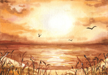 Sunset sea or river landscape watercolor illustration. Orange watercolor illustration. Sunny beach with birds background