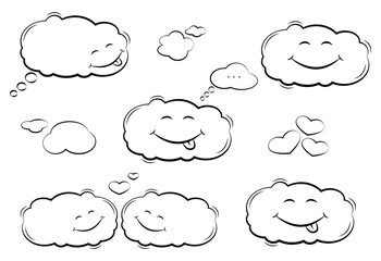 Cloud character. Set of cartoon clouds. Speech bubbles. Сoloring page
