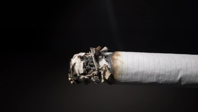 A cigarette smolders on a black background. Close-up