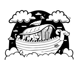 Cartoon noah's ark in black and white style for coloring. Vector illustration