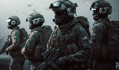 Military soldiers are together. Realism style detailed picture of human. Generative AI