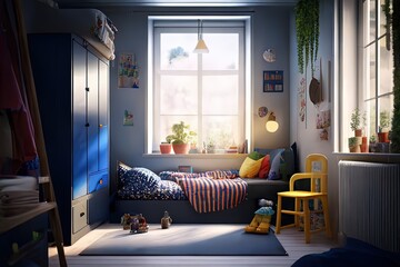 Child's bedroom interior with stylish furniture. Idea for design - Generative AI