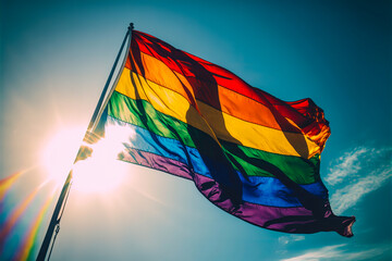 Vibrant rainbow flag proudly waved against a blue sky, symbol of the LGBT+ community. Speak a message of support loud and clear. Generative AI