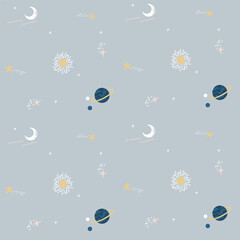 Obraz na płótnie Canvas Sun, moon, planets. Seamless pattern with vector illustrations with cosmos theme 