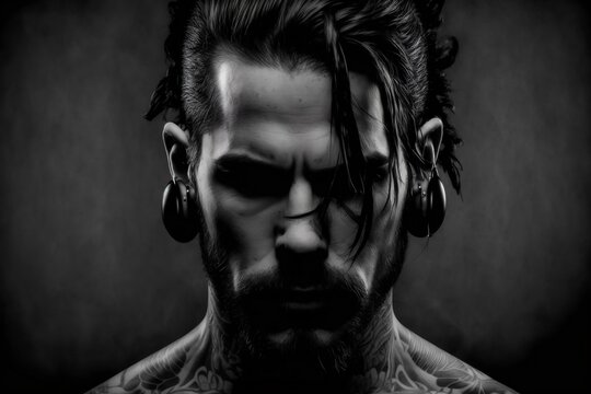 Portrait of man in dark colors, tattoos and piercing