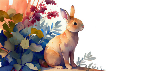 Watercolor painting of rabbit banner with copy space as illustration of Easter bunny in flowers generative AI art	