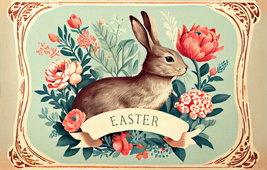 Vintage engraving Easter card as illustration of Easter bunny in flowers vignette with text Easter as rabbit generative AI art	