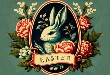 Vintage engraving Easter card as illustration of blue Easter bunny in flowers vignette with text Happy Easter as rabbit generative AI art	