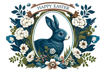 Vintage engraving Easter card as illustration of blue Easter bunny in flowers vignette with text Happy Easter as rabbit generative AI art	
