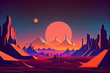 80s Retro Sci-Fi Futuristic Landscape Background, low poly modeling