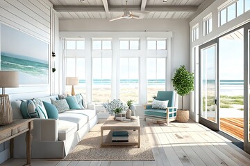 Fototapeta na wymiar Elegant spacious summer beach house, living room with chairs, wooden beams and ocean view - Generative AI