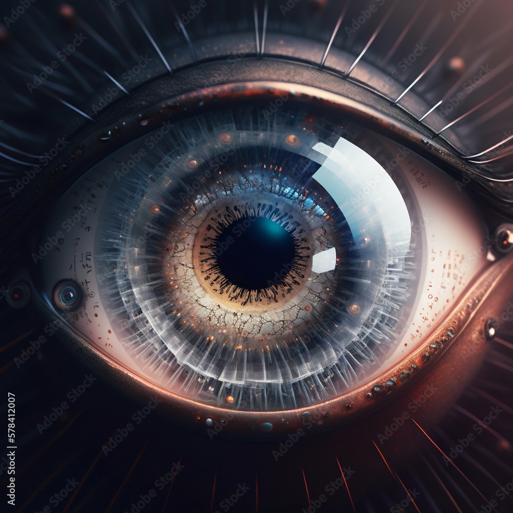 Poster human eye with binary code in pupil. generative ai