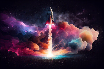 Rocket spaceship blasting off into outer space stars nebula constellation abstract vapor background - obrazy, fototapety, plakaty