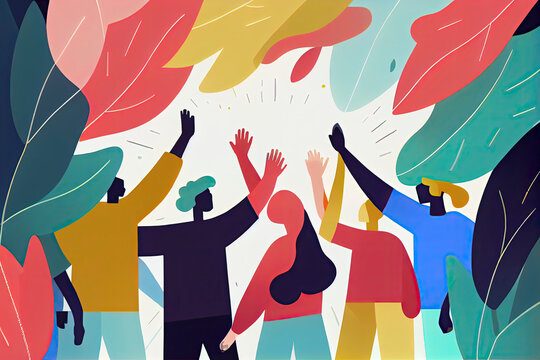 Celebrating International friendship day concept. Group of young positive people doing high five together, young generation celebrating social event holiday