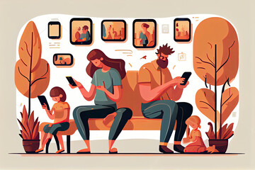 Obraz premium Family using smartphones and tablets, parents and kids with phones. Social media addiction